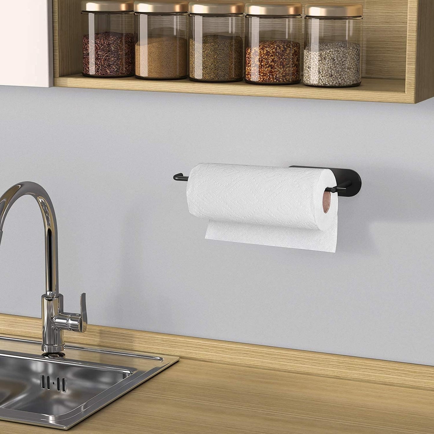 Self Adhesive Paper Towel Holder under Cabinet Mount, Wall Mounted Paper Towel Roll Holder for Kitchen, Bathroom, Wall - SUS304 Stainless Steel (Black)