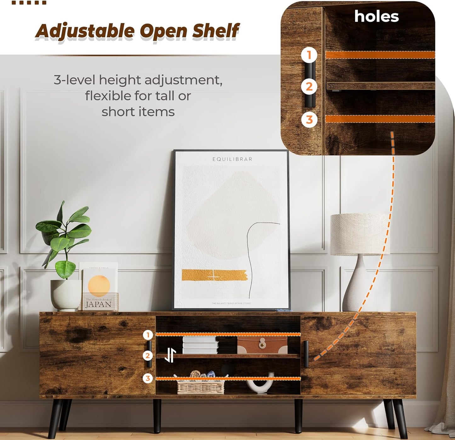 55-Inch TV Stand and Entertainment Center with Adjustable Shelves, Dual Cabinets, Solid Wood Feet, and Cord Management for Living Room and Bedroom in Rustic Brown Finish