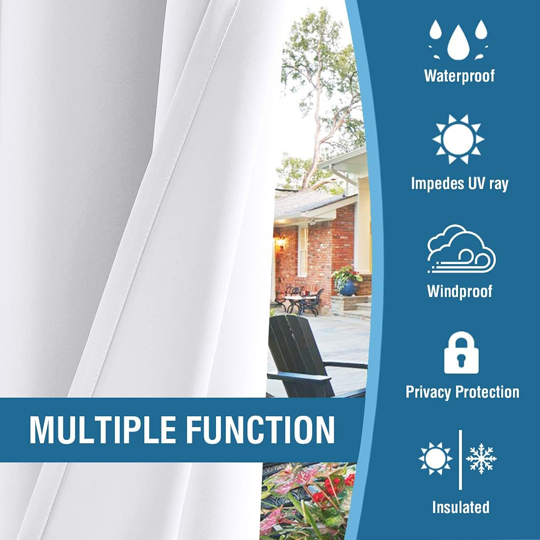 White Indoor Outdoor Curtains for Patio Waterproof Stainless Steel Silver Grommet Thermal Insulated Light Blocking Outdoor Drapes for Deck/Gazebo, Pure White, 52X108 Inch, 1 Panel