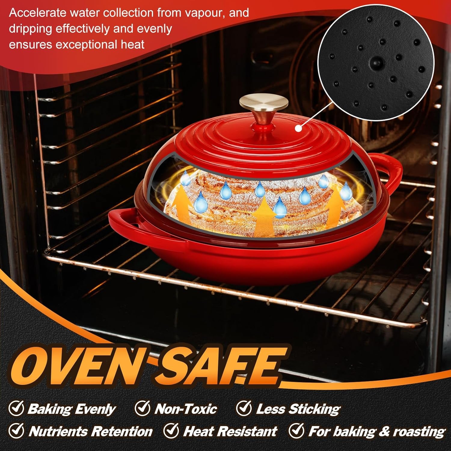 Dutch Oven for Bread Baking, 5.5 Quart Enameled Cast Iron Bread Oven with Lid, round Bread Pan for Homemade Sourdough Baking, Easy to Clean & Dome Lid, Red