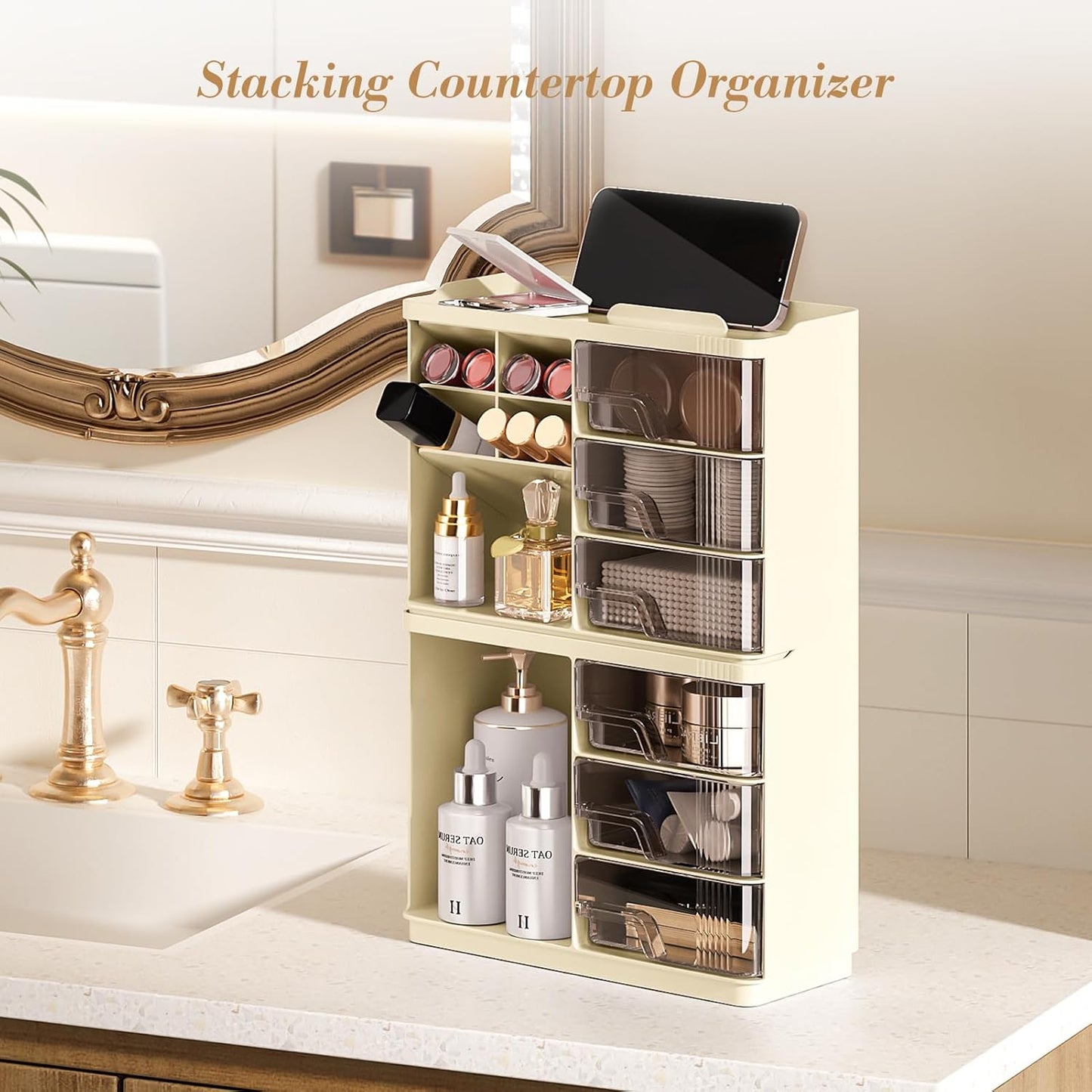 Makeup Organizer with Drawers, Multi-Function Vanity Organizer Countertop, Stackable Desk Organizer for Makeup Brush Lipstick Skincare Bathroom Vanity Organization and Storage, Ivory