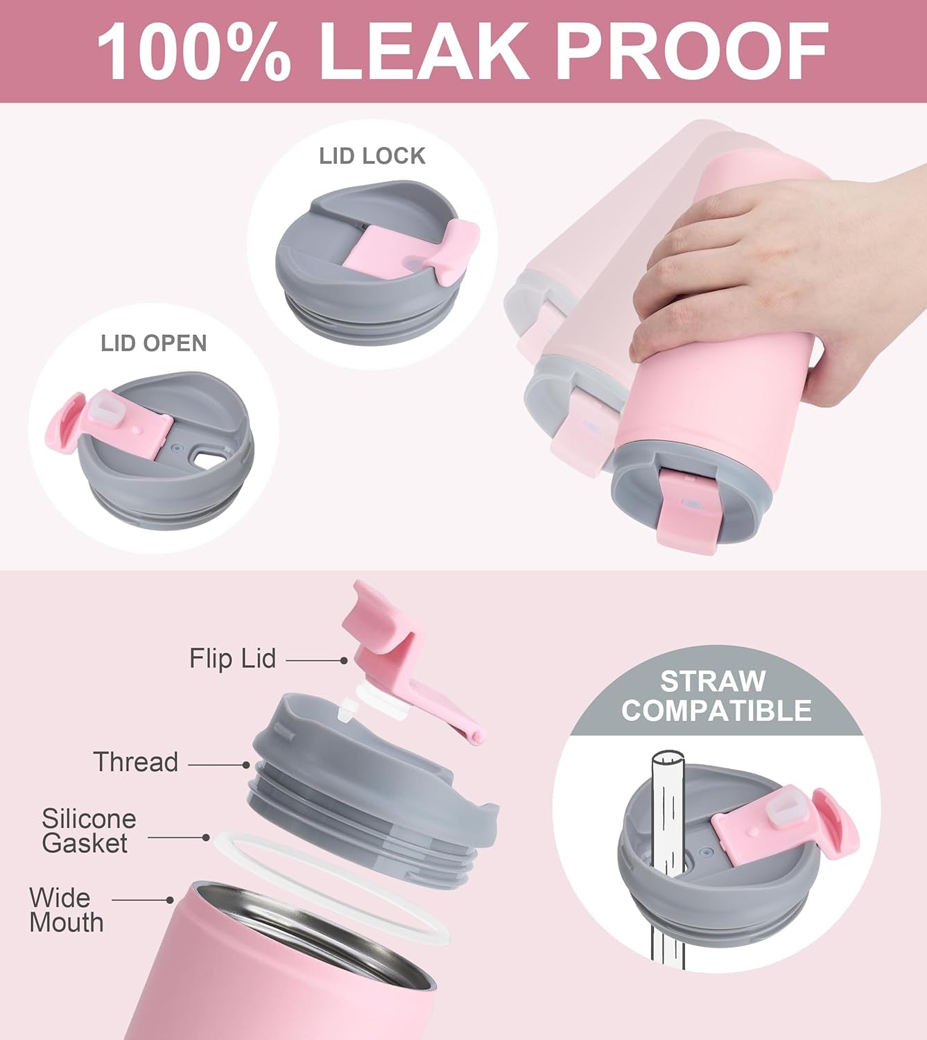 Insulated Coffee Mug with Lid, Leak Proof Tumbler Stainless Steel, 12 Oz Travel Cup for Office, Home, Powder Coated Light Pink