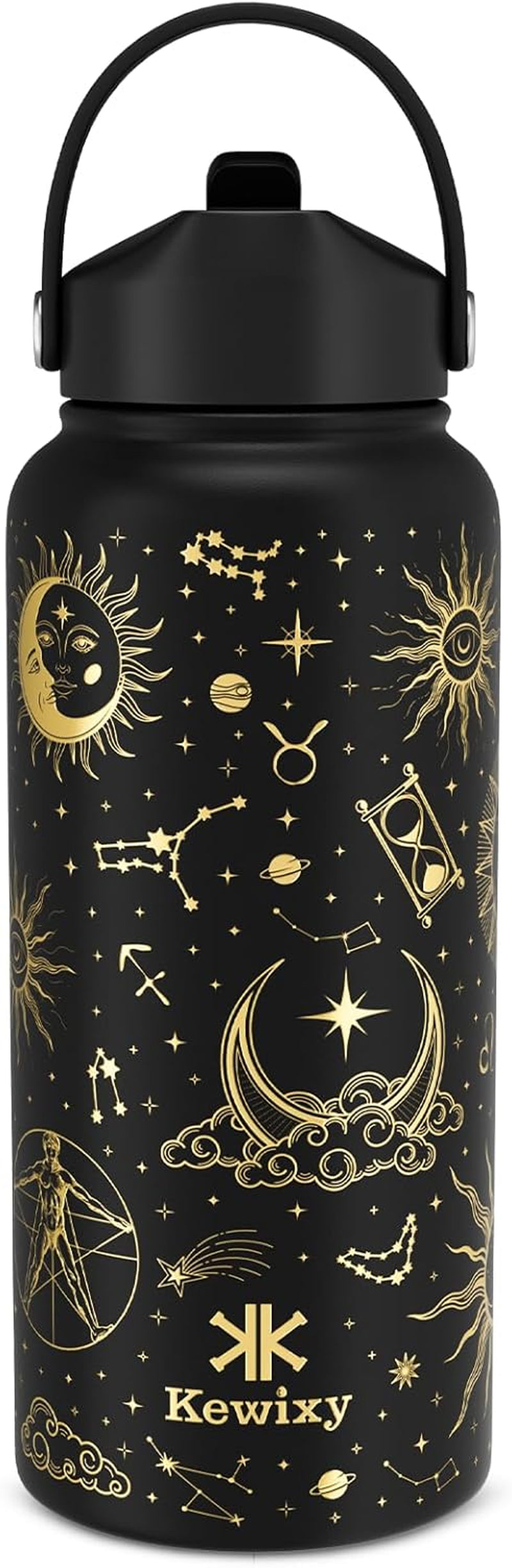 32 Oz Insulated Stainless Steel Water Bottle with Flip Straw and Handle, Leak Proof, Reusable, Wide Mouth Design - Golden Sparkle for Travel, Gym, and School