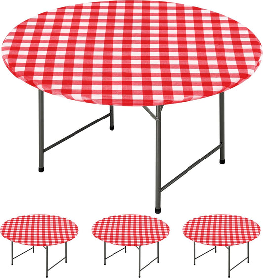 Waterproof Fitted Round Tablecloth with Elastic - Set of 4 Gingham Vinyl Table Covers with Flannel Backing for Outdoor Use, Red and White (Designed for 57"-68" Round Tables)
