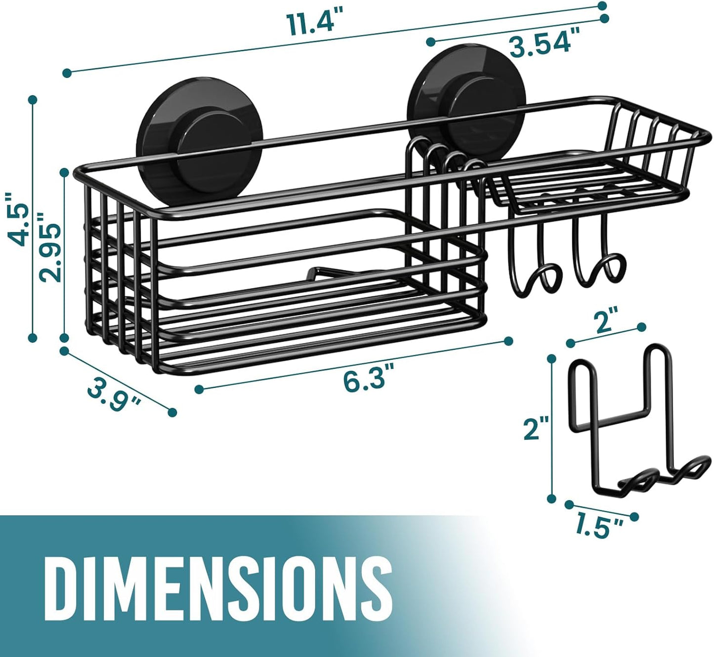 Shower Caddy Suction Cup with Hooks and Soap Holder, Heavy Duty Bathroom Shower Organizer, No Drilling Bathroom Holder with Large Capacity, Metal Black Storage Basket