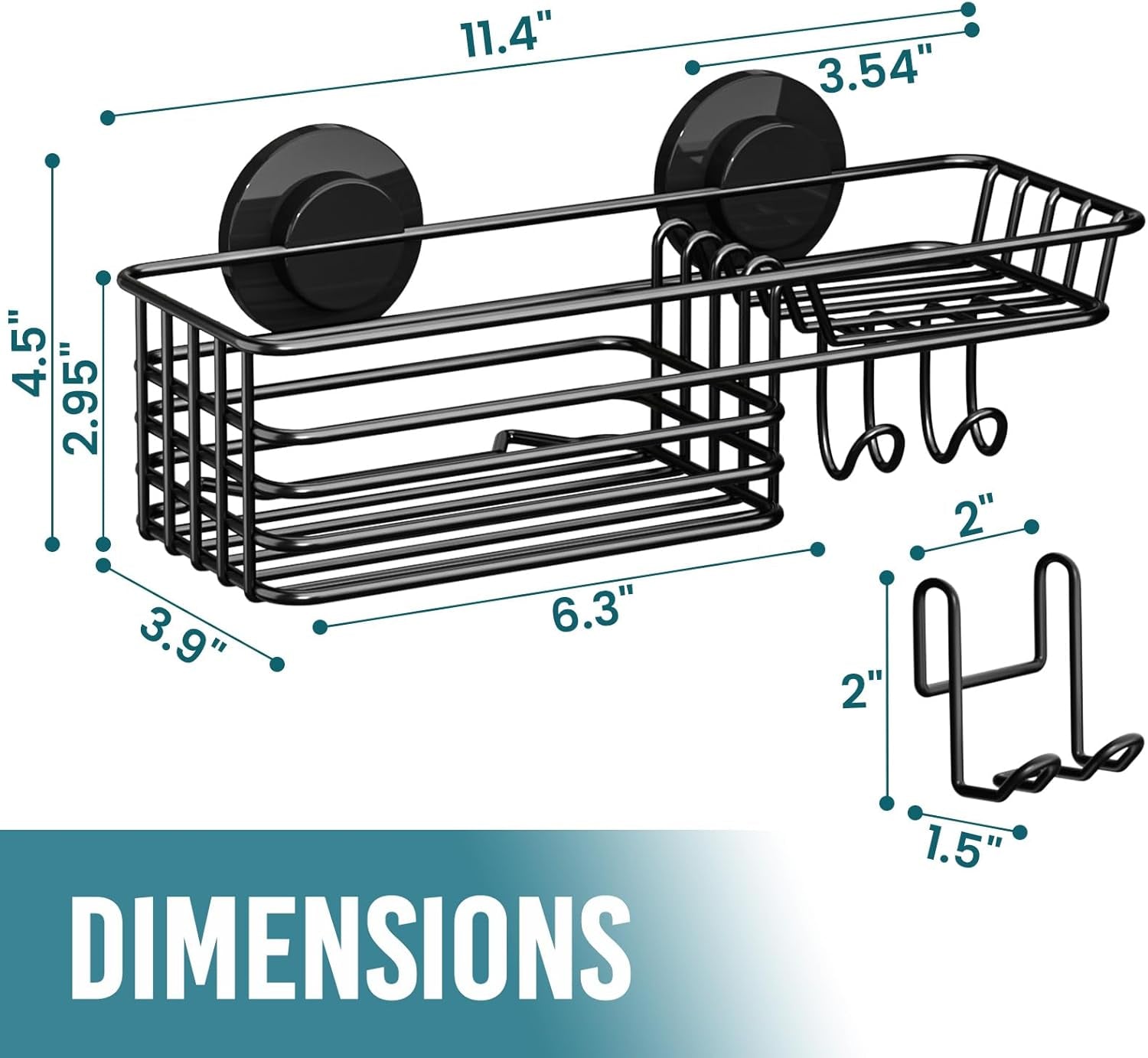 Shower Caddy Suction Cup with Hooks and Soap Holder, Heavy Duty Bathroom Shower Organizer, No Drilling Bathroom Holder with Large Capacity, Metal Black Storage Basket