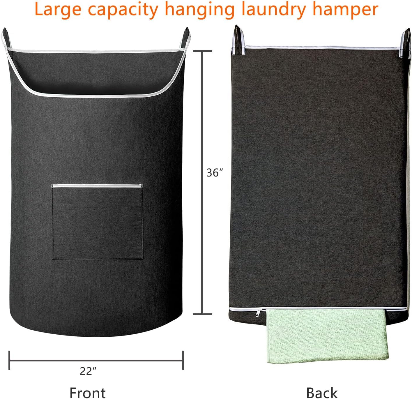 XL Black Hanging Laundry Hamper Bag with Large Opening - 36x22 Inch Door-Mounted Storage Solution