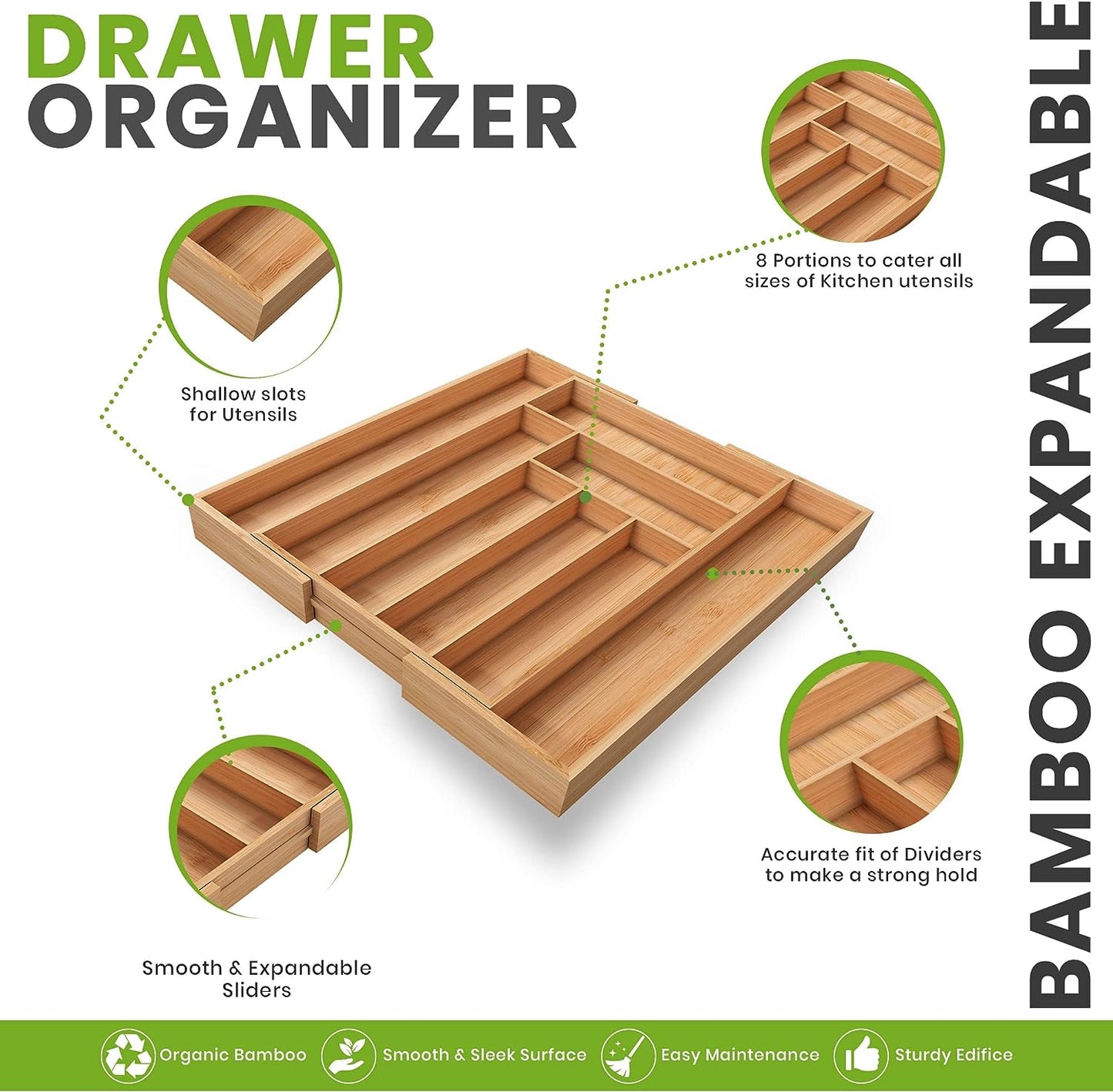 Silverware Organizer, Expandable Bamboo Utensil Drawer Organizer, Kitchen Drawer Organizer, Silverware Organizer for Cutlery, Utensils, Flatware Holder (6-8 Slots, Natural) Pack of 1