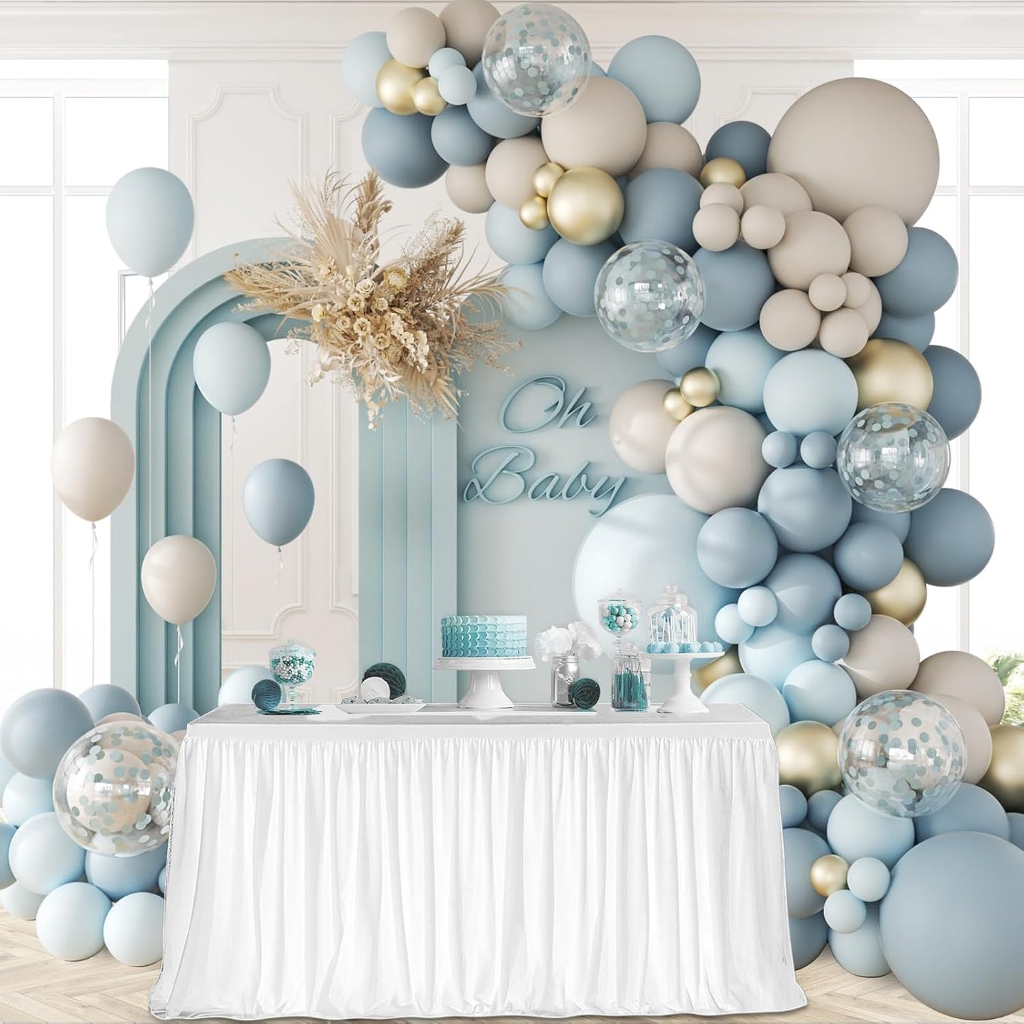141Pcs Dusty Blue Balloons, Dusty Blue Balloon Arch Kit with Gold White Sand Pastel Blue Confetti Balloons for Gender Reveal Birthday Baby Shower Decorations