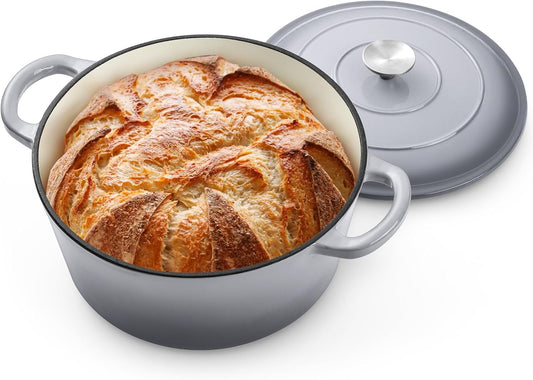 5QT Enameled Dutch Oven, Cast Iron Dutch Oven Pot with Lid for Bread Baking, Enameled Casserole Pot for Roasting Braising Stewing Frying Simmering, Various Stoves & Easy Clean, Grey