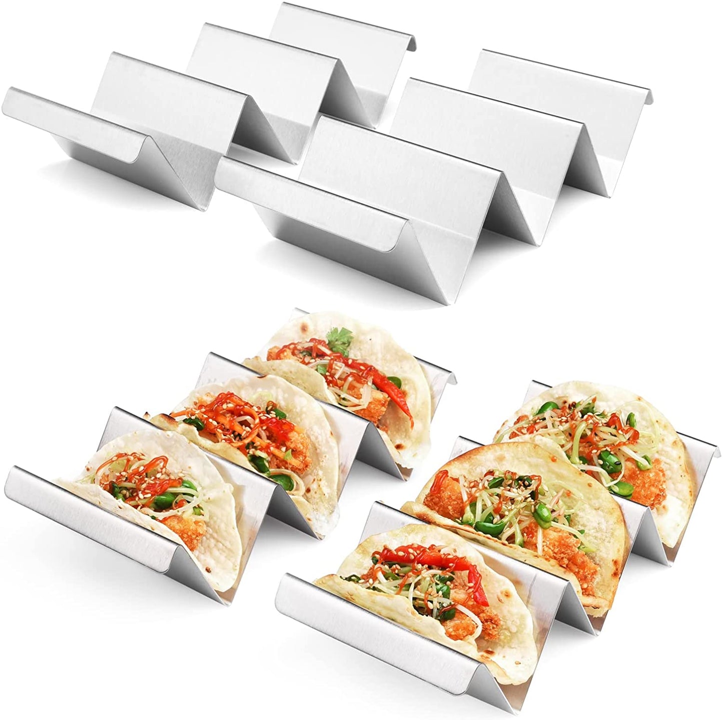 Taco Holders 4 Packs - Stainless Steel Taco Stand Rack Tray Style, Oven Safe for Baking, Dishwasher and Grill Safe