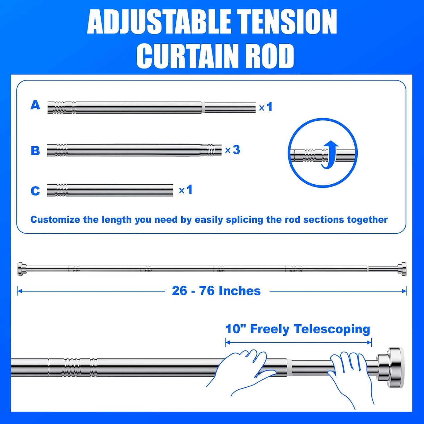 Shower Curtain Rod Tension - 26-76 Inch Never Rust Non-Slip Spring Tension Curtain Rod No Drilling Stainless Steel Curtain Rod Use Bathroom Kitchen(Silver)