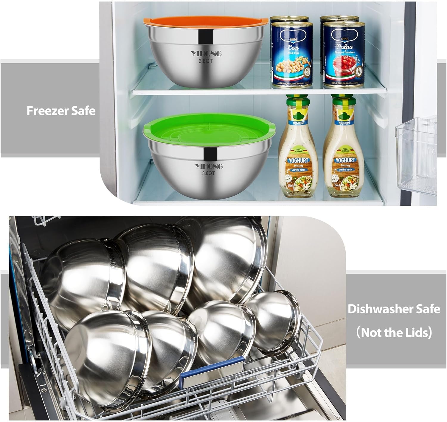 7 Piece Metal Mixing Bowls with Lids for Kitchen, Stainless Steel Set Ideal for Baking, Prepping, Cooking and Serving Food, Nesting Design for Space Saving Storage