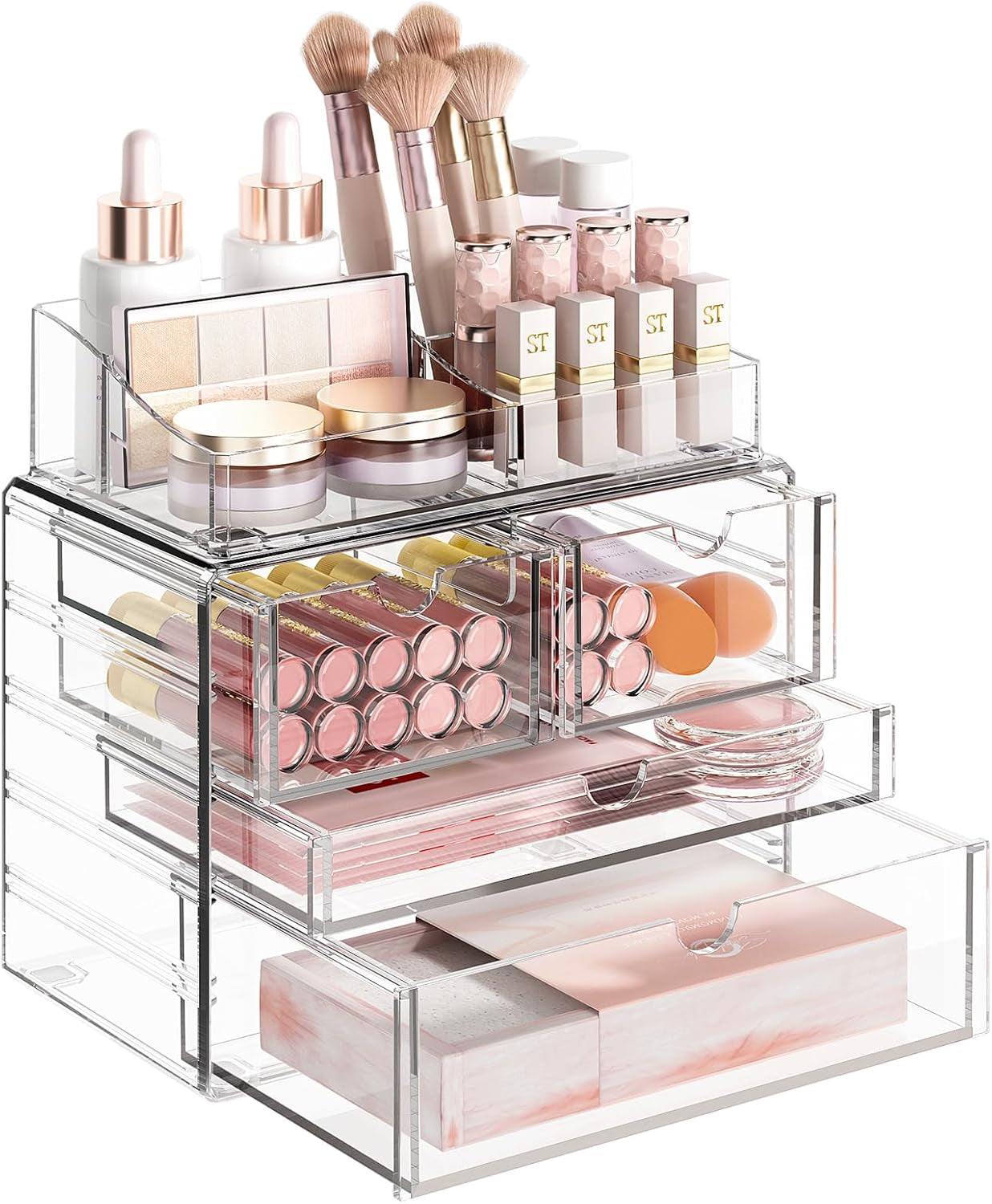 4-Tier Clear Makeup Organizer with Drawer, Acrylic Cosmetic Display Case for Makeup Vanity Bathroom Counter Organizers and Storage, Stackable Vanity Organizer for Brushes Lipsticks Skincare