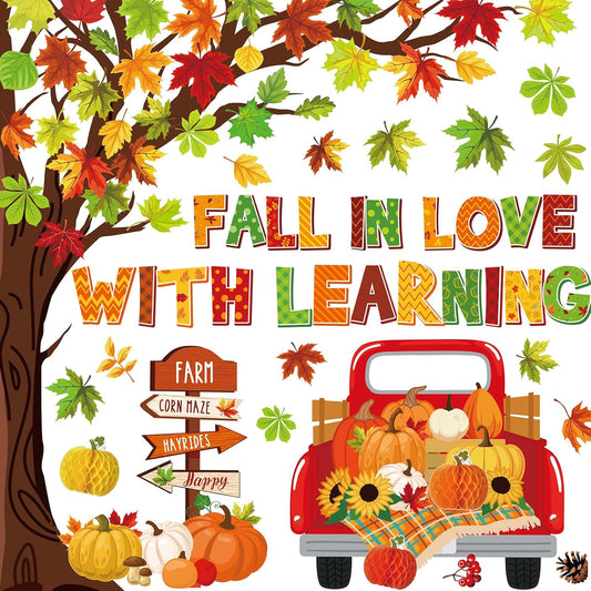 89Pcs Fall in Love with Learning Bulletin Board Decorations Set Fall Tree Pumpkin Maple Leaves Cutouts with Glue Points for Thanksgiving Autumn Home School Classroom Wall Chalkboard Decor