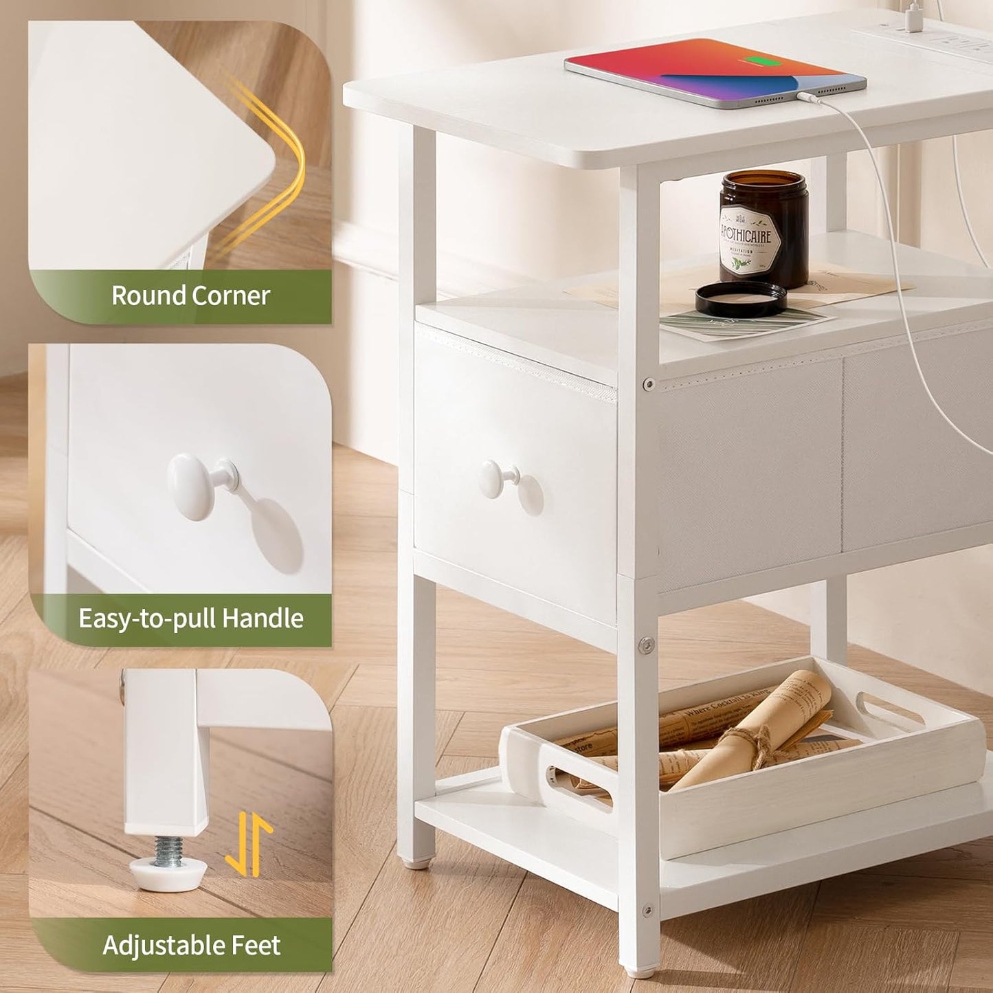 End Table with Charging Station, Narrow Side Table with Adjustable Fabric Drawer, 3-Tier End Tables Living Room, Small Nightstand with Outlets, LED Skinny Night Stand for Bedroom Small Spaces