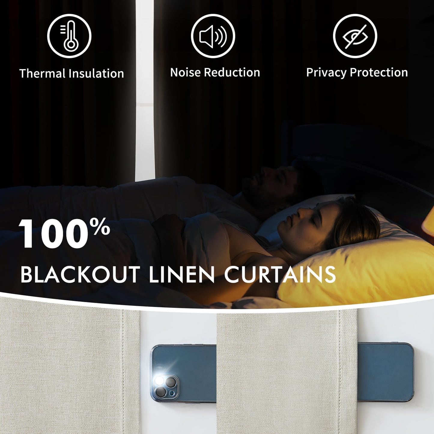 Linen Pinch Pleated 100% Blackout Curtains - 92 Inch Long, Set of 2 Panels, Back Tab Track Cream Darkening Drapes with Hooks for Bedroom and Living Room