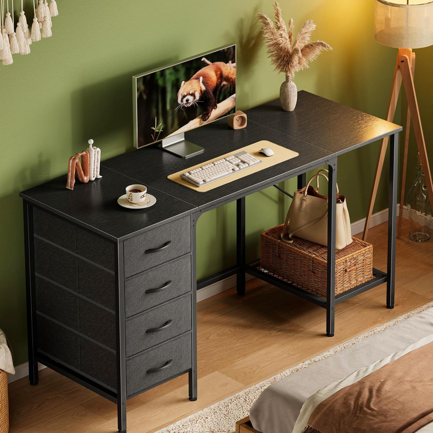 55-Inch Computer Desk with Four Drawers and Mesh Shelf for Home Office, Gaming, and Study Use