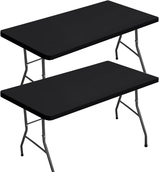 2 Packs 6 Foot Rectangle Table Cloth, Waterproof Polyester Elastic Fitted Tablecloth, Washable Table Cover for Picnic, Camping, Outdoor (Black, 30" X 72")