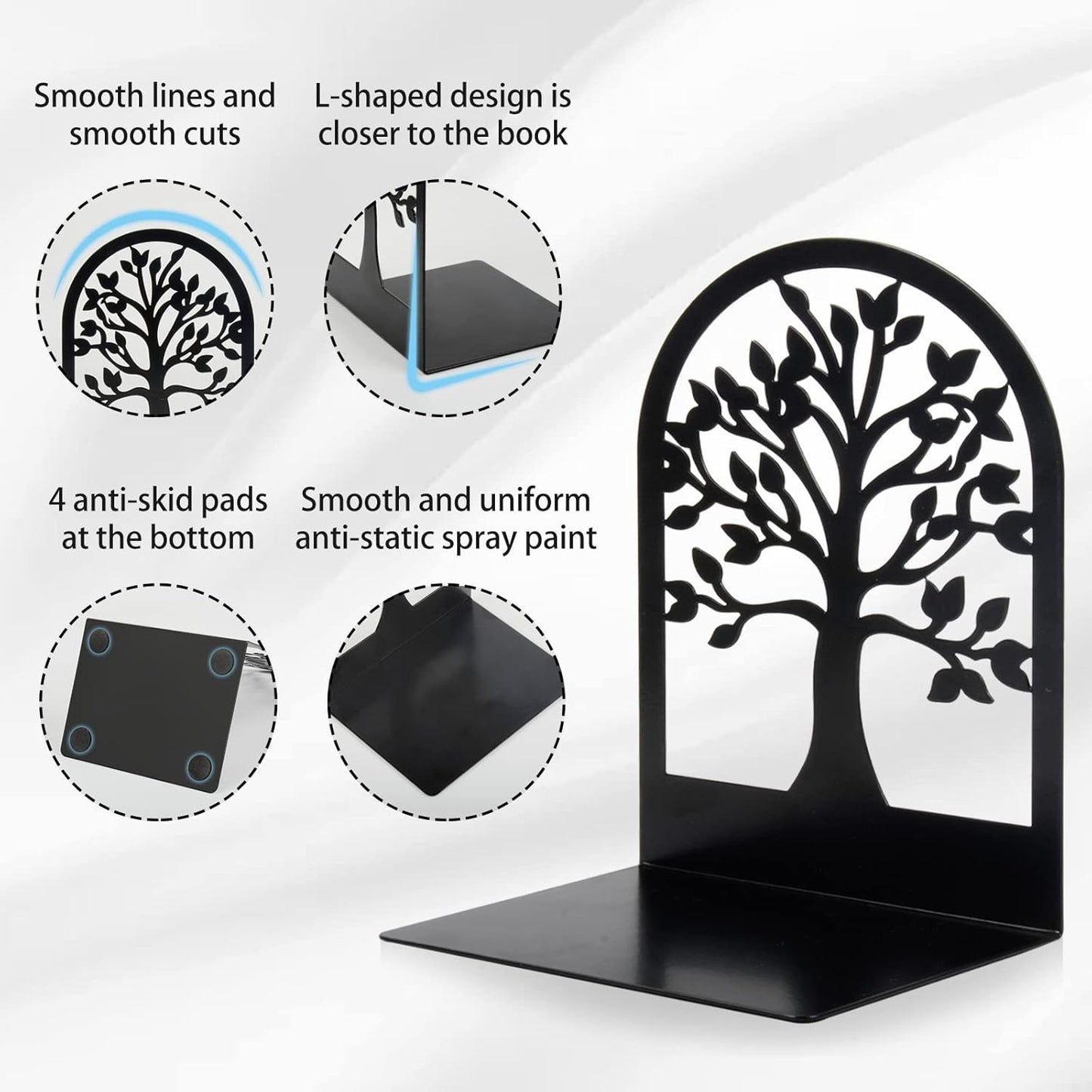 Book Ends, Metal Book Ends to Hold Books, Tree Decorative Bookends for Shelves, Black Book Stopper Bookend for Heavy Books, Book Holder for Shelf Home Office, 6.8 X 4.7 X 3.5(3 Pair/6 Pcs)