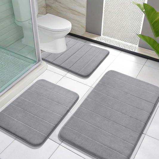 Memory Foam Bath Mat Set 3 Pieces- Super Soft Absorbent Quick Dry Bathroom Rug Sets, Machine Washable Non Slip Floor Carpet for Tub Shower, Vanity & Toilet Base, Gray