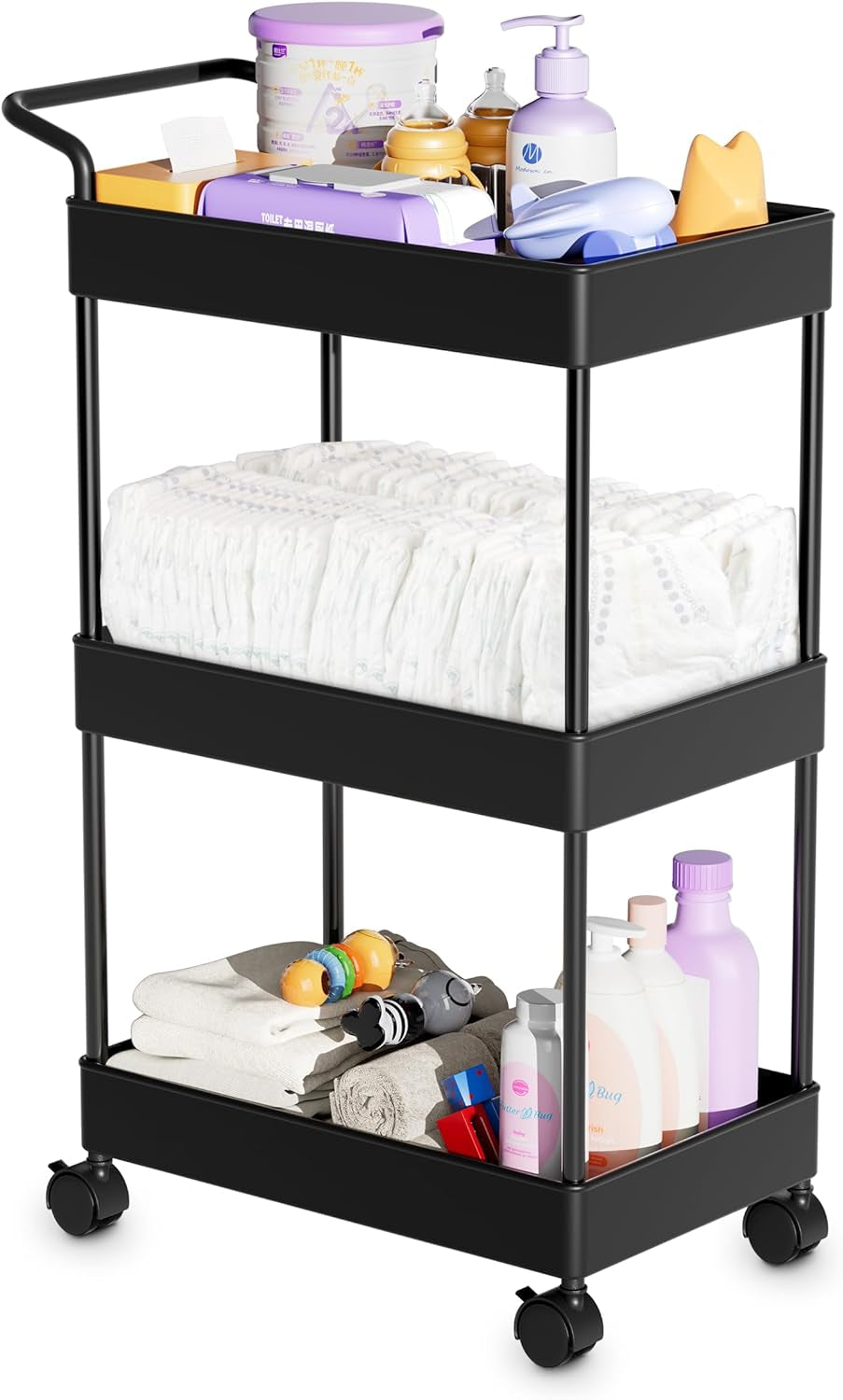Baby Diaper Caddy – Plastic Diaper Organizer for Nursery Essentials, Movable Cart for Changing Table & Crib, Easy to Assemble, Black