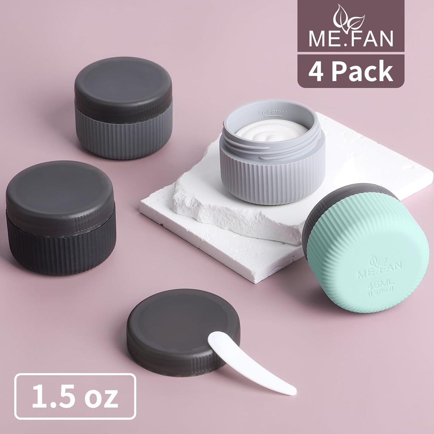 Travel Containers for Toiletries, TSA Approved 1.5 Oz Silicone Cream Jars, Leak-Proof Journey Containers, Trip Accessories with Lid for Cosmetic Face Hand Body Cream 4 Pack Black Lid - Grey