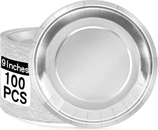 100 PCS Silver Paper Plates, 9" Foil Silver Disposable Dinner Plates for Daily, Birthday, Baby Shower, Graduation, Anniversary & Bridal Supplies