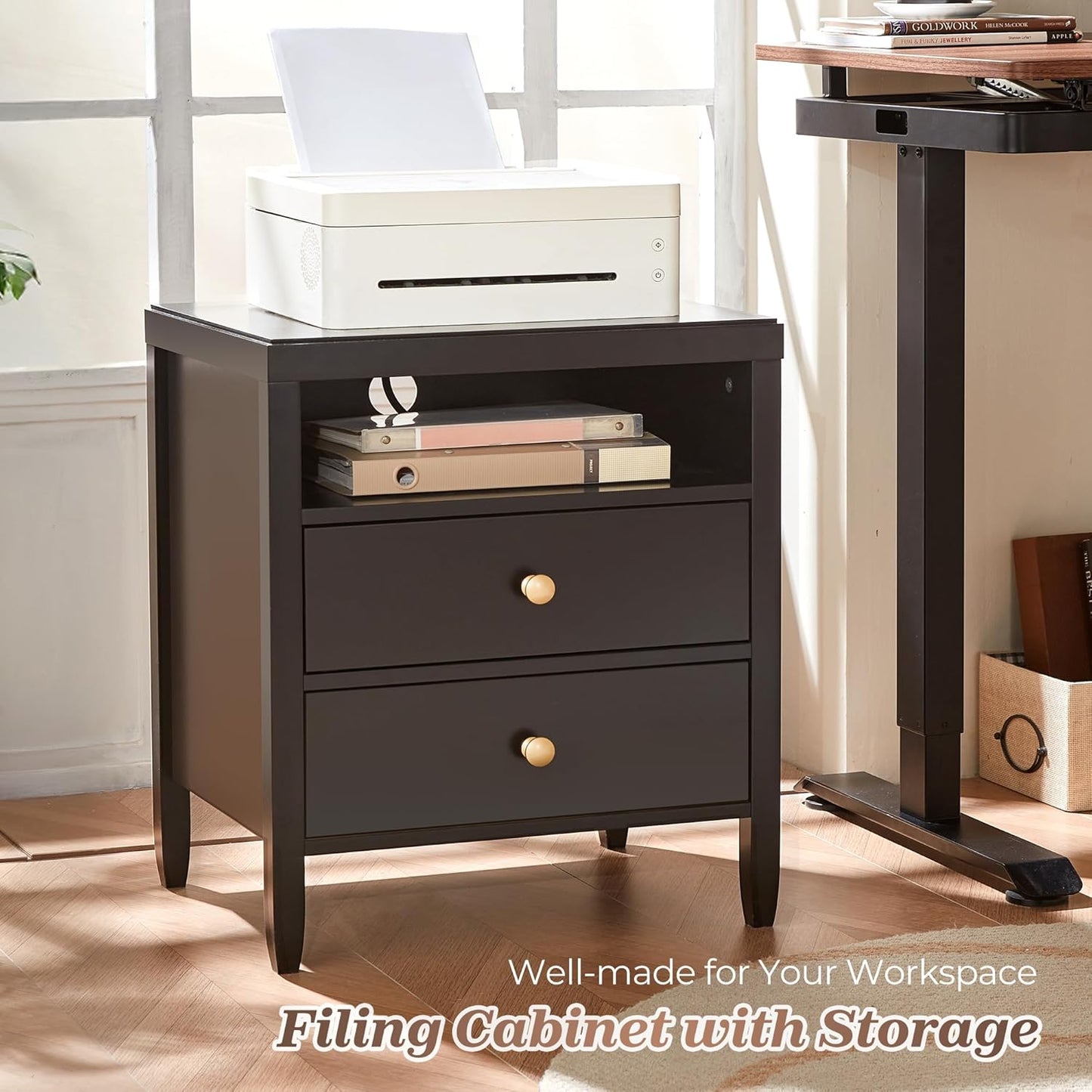 Modern Black Nightstand with Charging Station and Two Drawers, Stylish Bedside Table with Storage Solutions and Metal Knobs