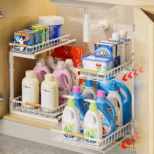 2 Pack under Sink Organizer and Storage, 2 Tier Pull Out Cabinet Organizer, Slide Out under Sink Storage Shelf, Undersink Organizers Shelves for Kitchen Bathroom Pantry Organization