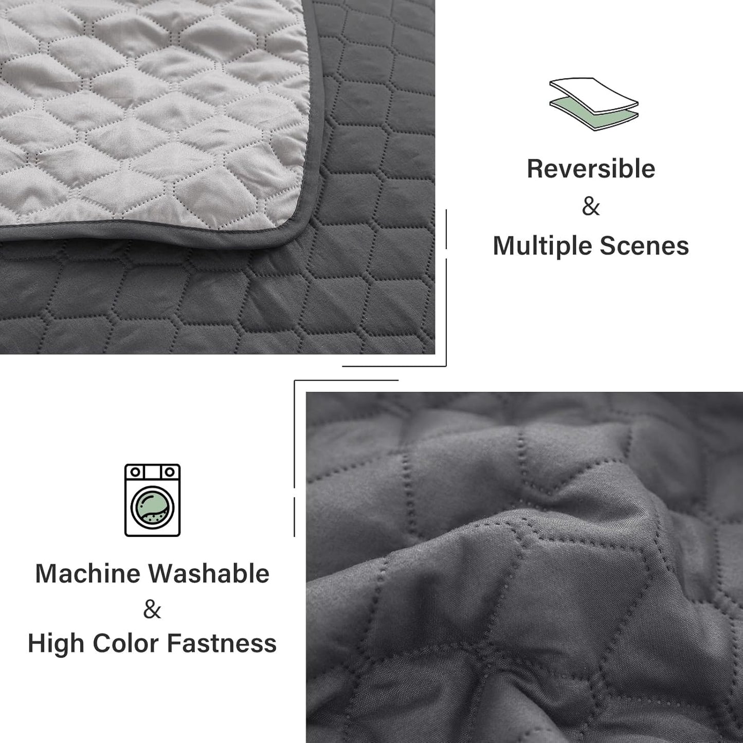 Ultrasonic Reversible Full/Queen Quilt Bedding Set with Pillow Shams, Lightweight All-Season Bedspread, Soft Coverlet in Grey (90" x 96")