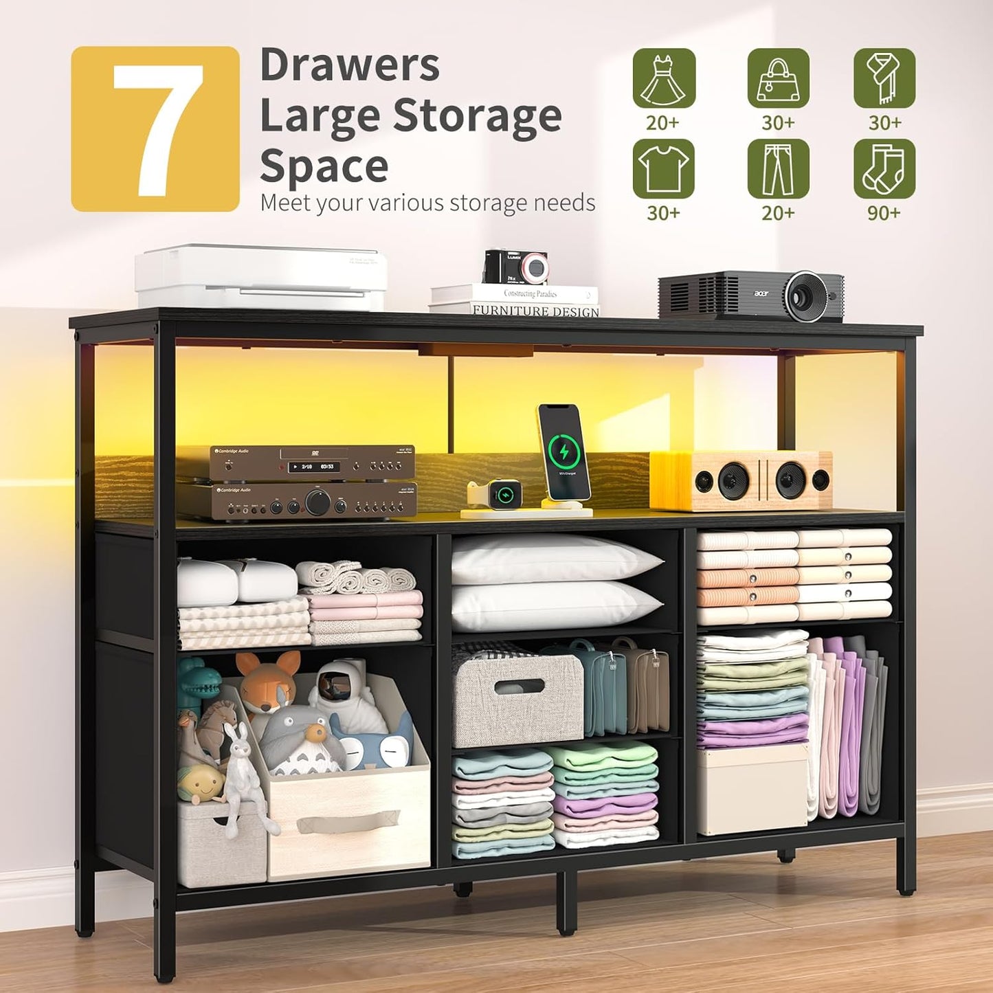 LED TV Stand for Bedroom, 50 Inch Kids Dresser with Power Outlets, 7 Drawers Entertainment Center with Storage Shelf, TV Stands Dresser for Bedroom, Living Room, TV Console Entertainment Stand
