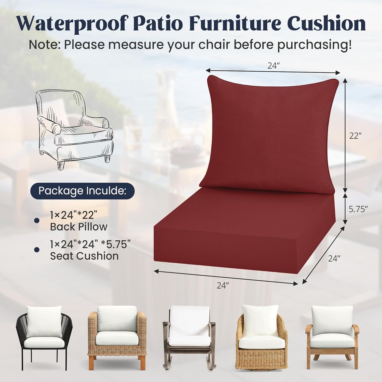 ® Outdoor Seat Cushions 24 X 24 X 5.75 Inch, Waterproof & Fade Resistant Patio Furniture Replacement Cushions with Removable Cover for Chair, Sofa, Couch, Wicker, Burgundy