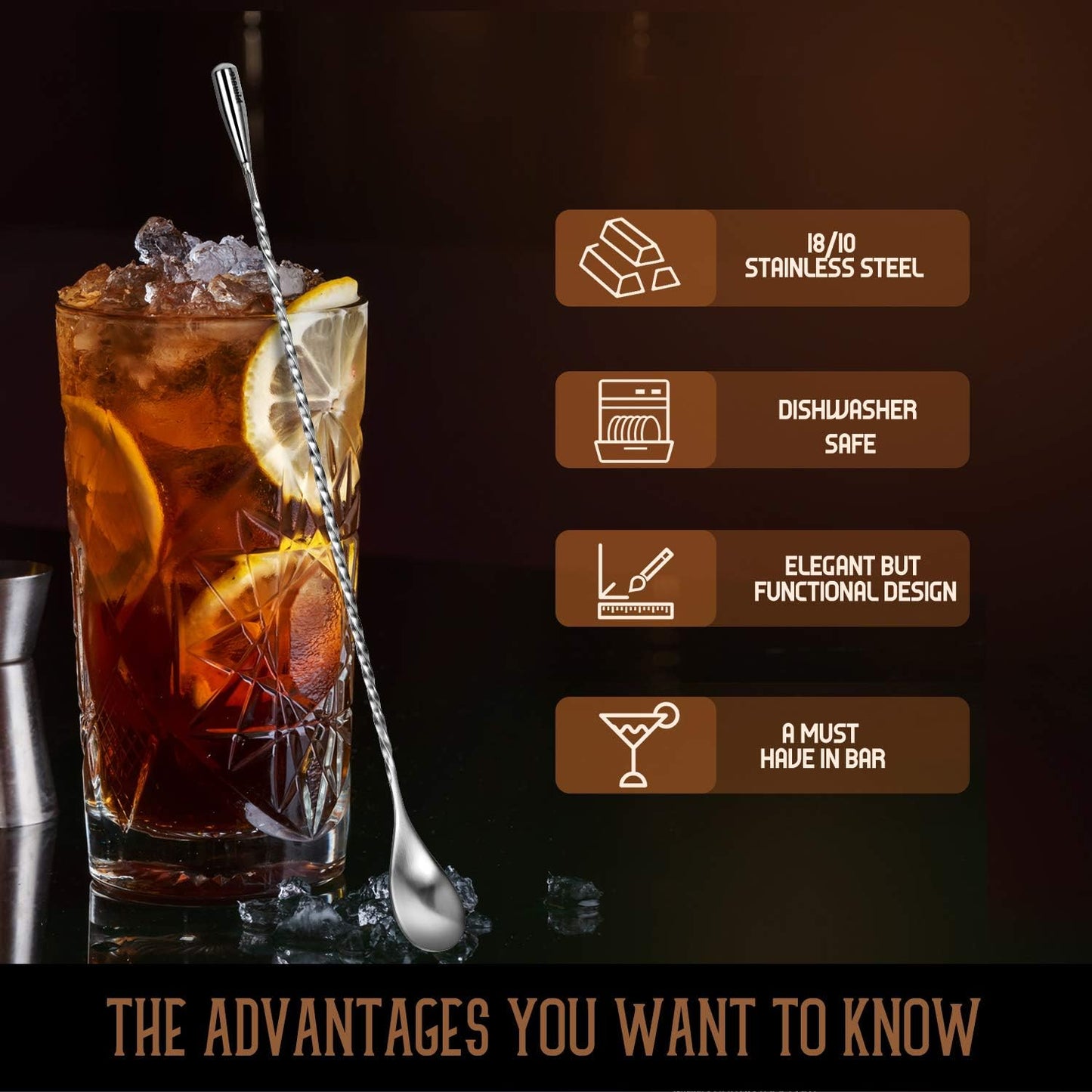 LZS13B 12 Inches Stainless Steel Mixing Spoon, Spiral Pattern Bar Cocktail Shaker Spoon