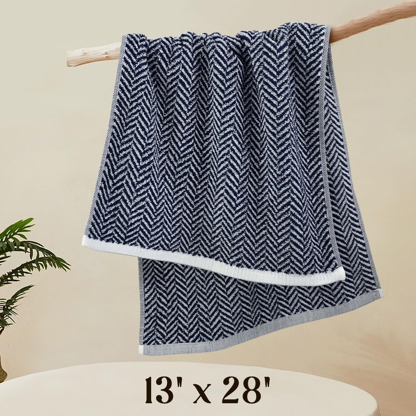 Hand Towels for Bathroom with Decorative Herringbone Stripes, 100% Cotton, 13 X 28 Inches, Navy-Blue and White, 2 Pack