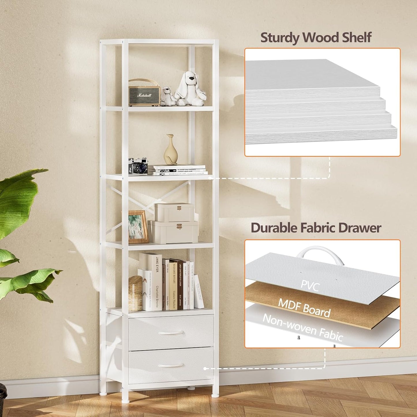 5-Tier Corner Shelf with 2 Storage Drawers, Tall Wood Display Bookcase and Organizer Unit for Living Room and Bedroom, Metal Frame (White)