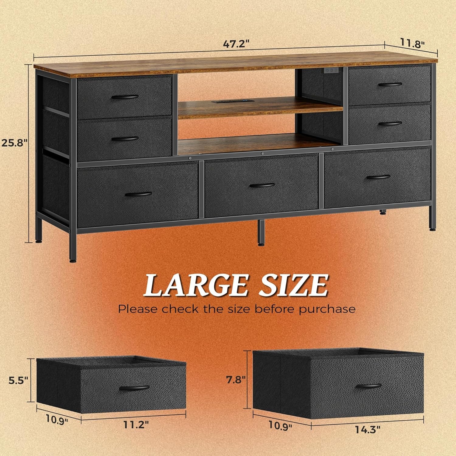 Rustic Brown and Black TV Stand Dresser with Power Outlets, LED Lighting, and 7 Drawers - 47 Inch Console