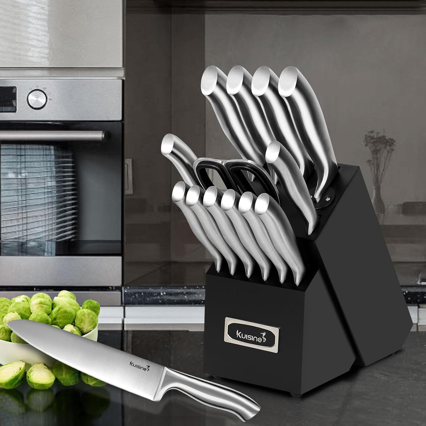 Sharp Knife Set,One-Piece Molding,Sharper Blade Ergonomic Non-Slip Steel Handle,Block Knife Set Chef Knife Set with Built-In Sharpener(Black,15Pcs)