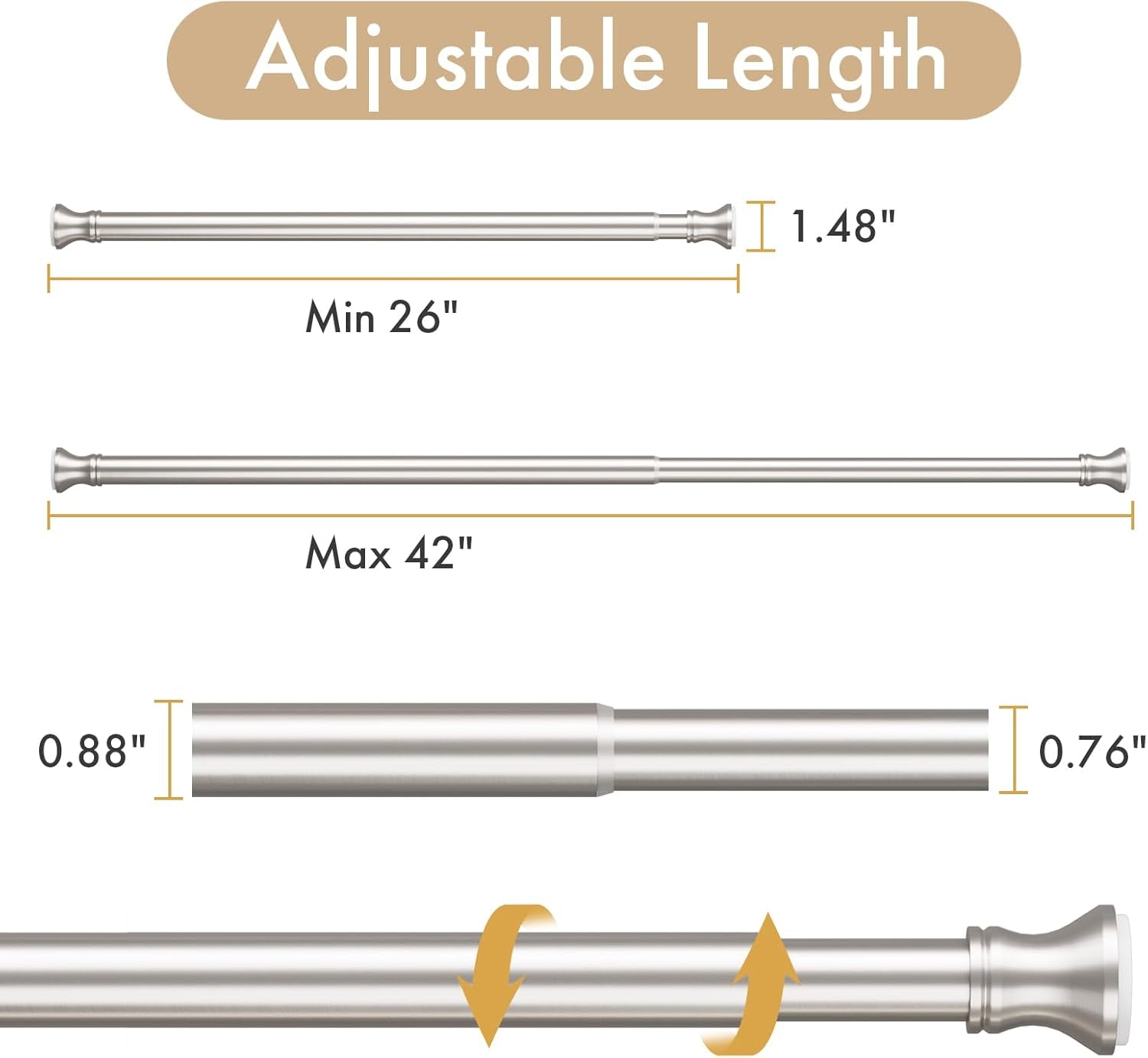 Spring Tension Shower Curtain Rod, 26-42 Inches Rust-Resistance Tension Curtain Rod Bathroom Rod, Adjustable Shower Curtain Rod No Drill, Nickel