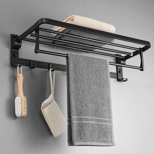 Towel Rack Wall Mount for Bathroom with Towel Bar and Hooks 23.6 in Foldable Towel Shelf Lavatory Towel Organizer Matte Black