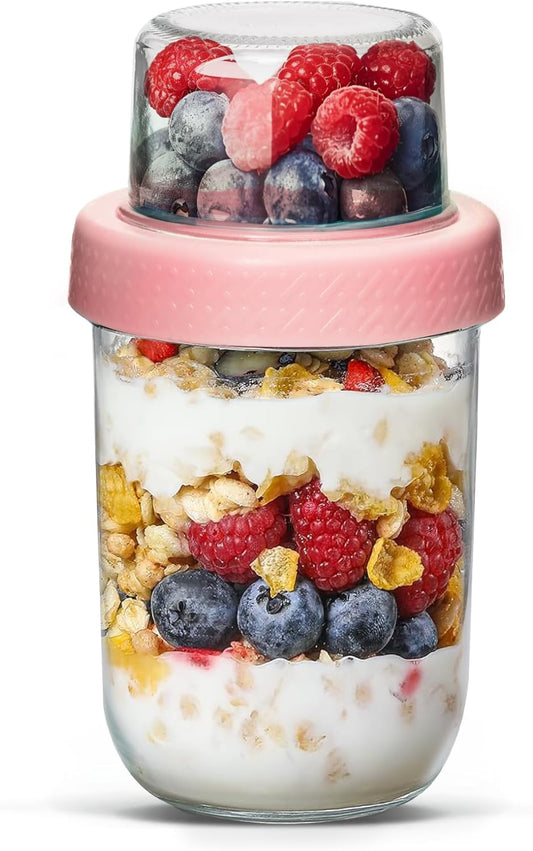 16Oz 1PCS Pink Overnight Oats Containers with Lids, Glass Yogurt Parfait Cups for Cereal Nut Fruit, Dual-Layer Chia Pudding Jars with Dry and Wet Separation, Meal Prep, Glass for Salad Oatmeal