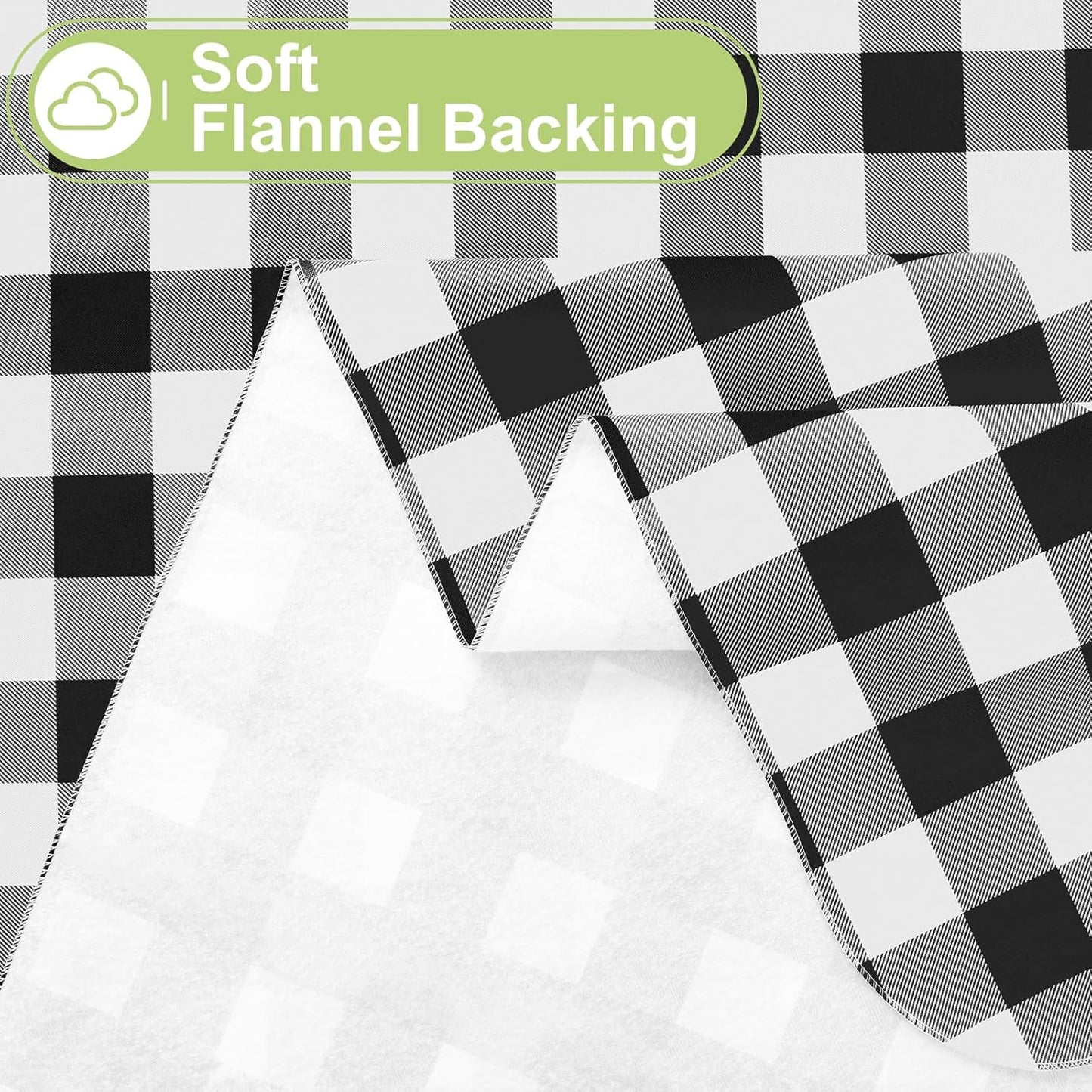 Rectangular Waterproof Vinyl Tablecloth with Flannel Backing, Wipeable Buffalo Plaid Design for Indoor and Outdoor Dining (Black & White, 60" x 84")