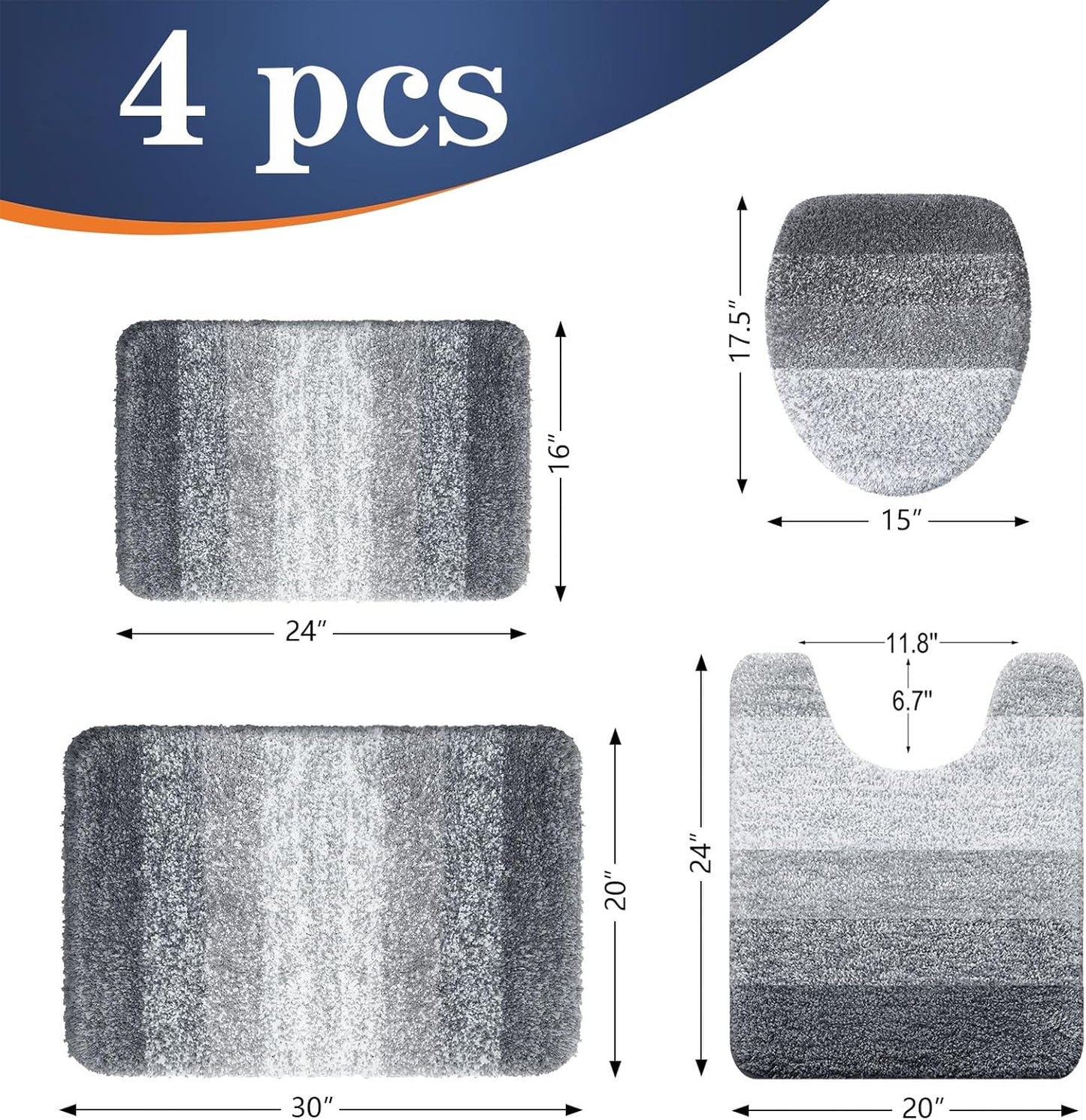 Bathroom Rugs Sets 4 Piece, Soft Microfiber Absorbent Bath Mat, U-Shaped Contour Toilet Mat and Toilet Lid Cover, Quick Dry, Machine Washable, Toilet Cover and Rug Set for Bathroom, Grey