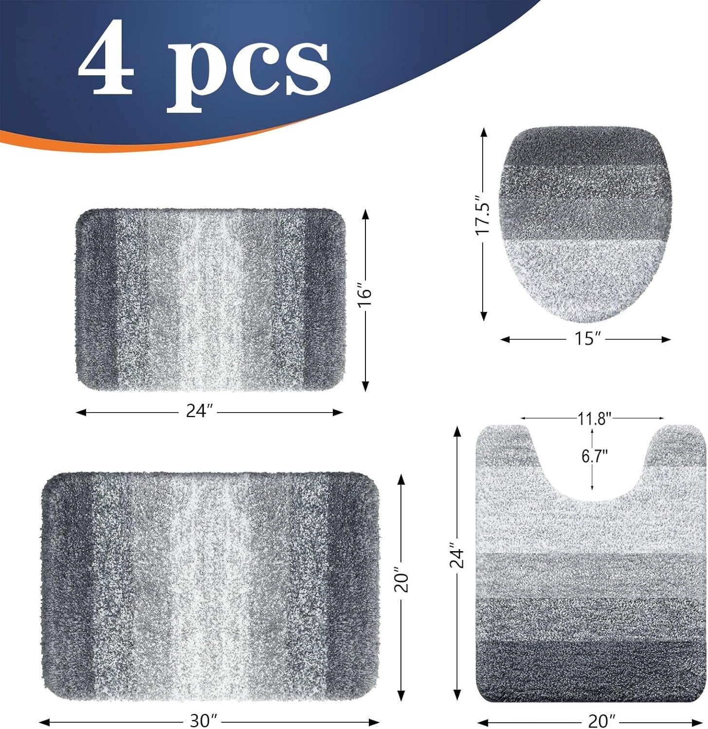 Bathroom Rugs Sets 4 Piece, Soft Microfiber Absorbent Bath Mat, U-Shaped Contour Toilet Mat and Toilet Lid Cover, Quick Dry, Machine Washable, Toilet Cover and Rug Set for Bathroom, Grey