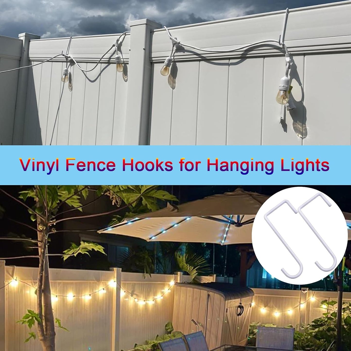 12-Pack Vinyl Fence Hangers - 2 x 6 Inch Patio Light Hooks, White Powder Coated Steel for Hanging Plants, Planters, Bird Feeders, and Lights