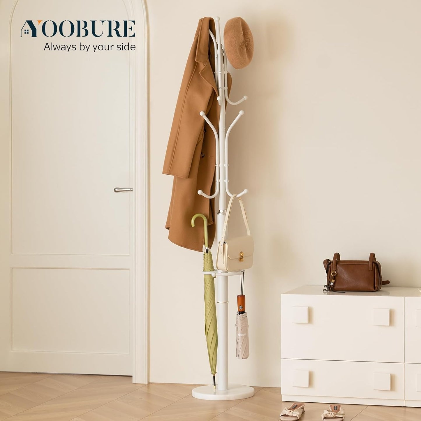 Metal Coat Rack Freestanding with Marble Base, Coat Tree with 12 Hooks & Umbrella Holder, Coat Hanger Stand for Corner Entryway Bedroom Office, Heavy Duty Coat Rack Stand for Clothes Hats Bags