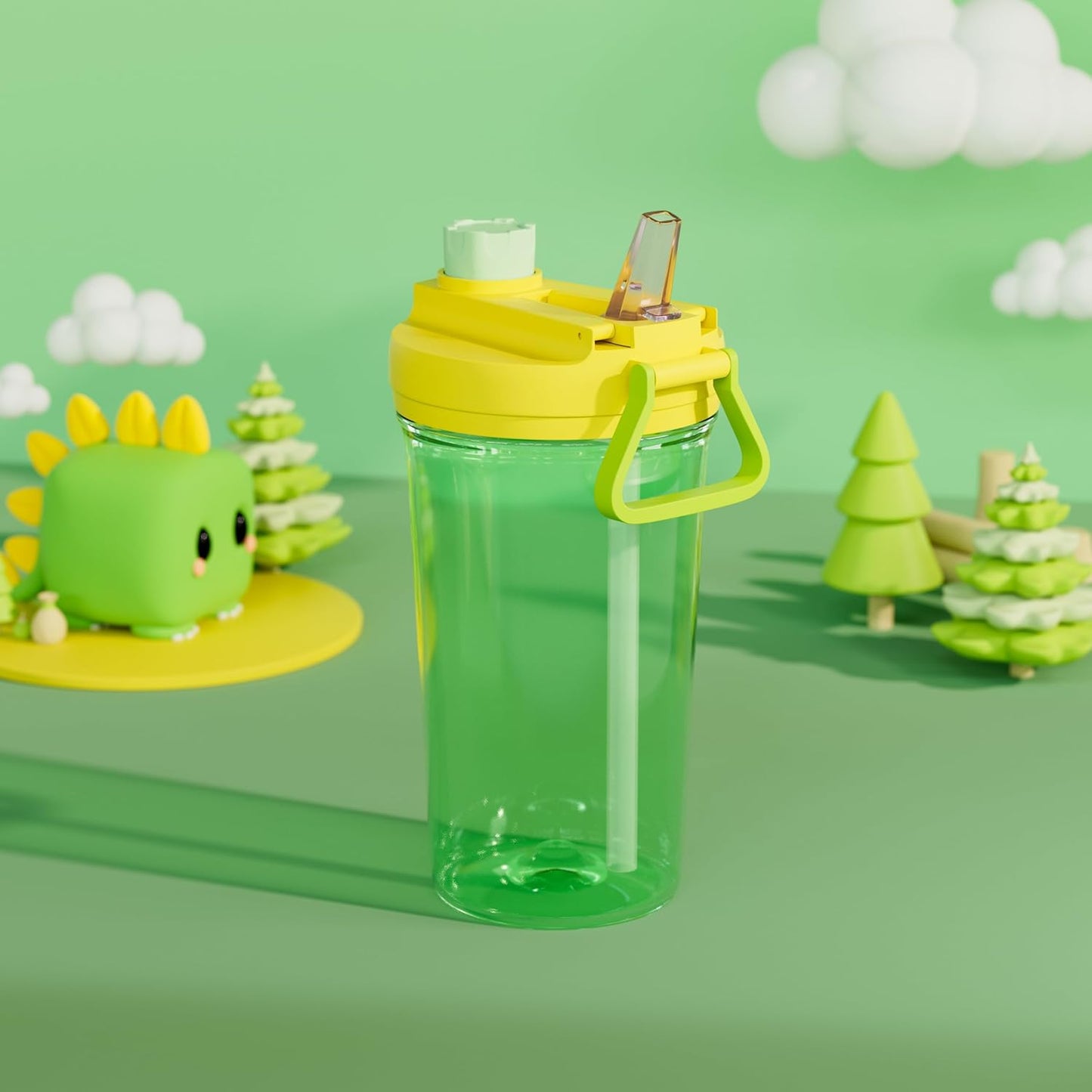 12Oz Kids Water Bottle with Straw Leak-Proof Toddler Water Bottle Plastic Water Bottles Bpa-Free Toddler Straw Cups with Handle for Travel Fitness School, GREEN