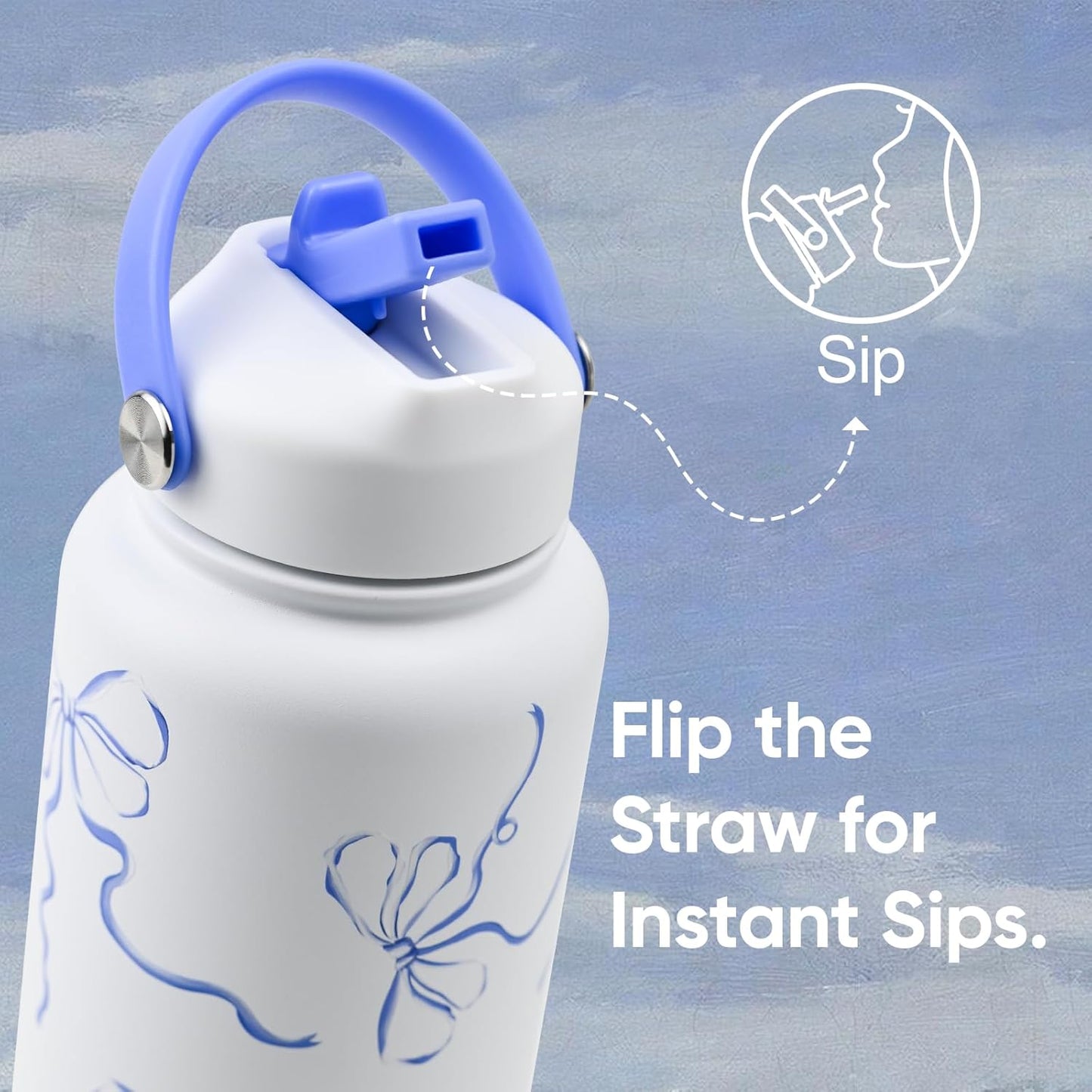 32 Oz Stainless Steel Insulated Water Bottle with Flip Straw and Handle, Leak-Proof, Reusable, Wide Mouth Design for Travel, Gym, and School (Breeze Blue Bow)