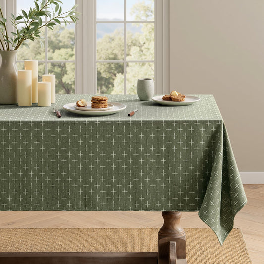 Olive Green Waterproof Linen Rectangle Tablecloth with Cross-Star Texture, Rustic Farmhouse Style for Dining, Parties, Buffets, and Weddings, 60x84 Inches