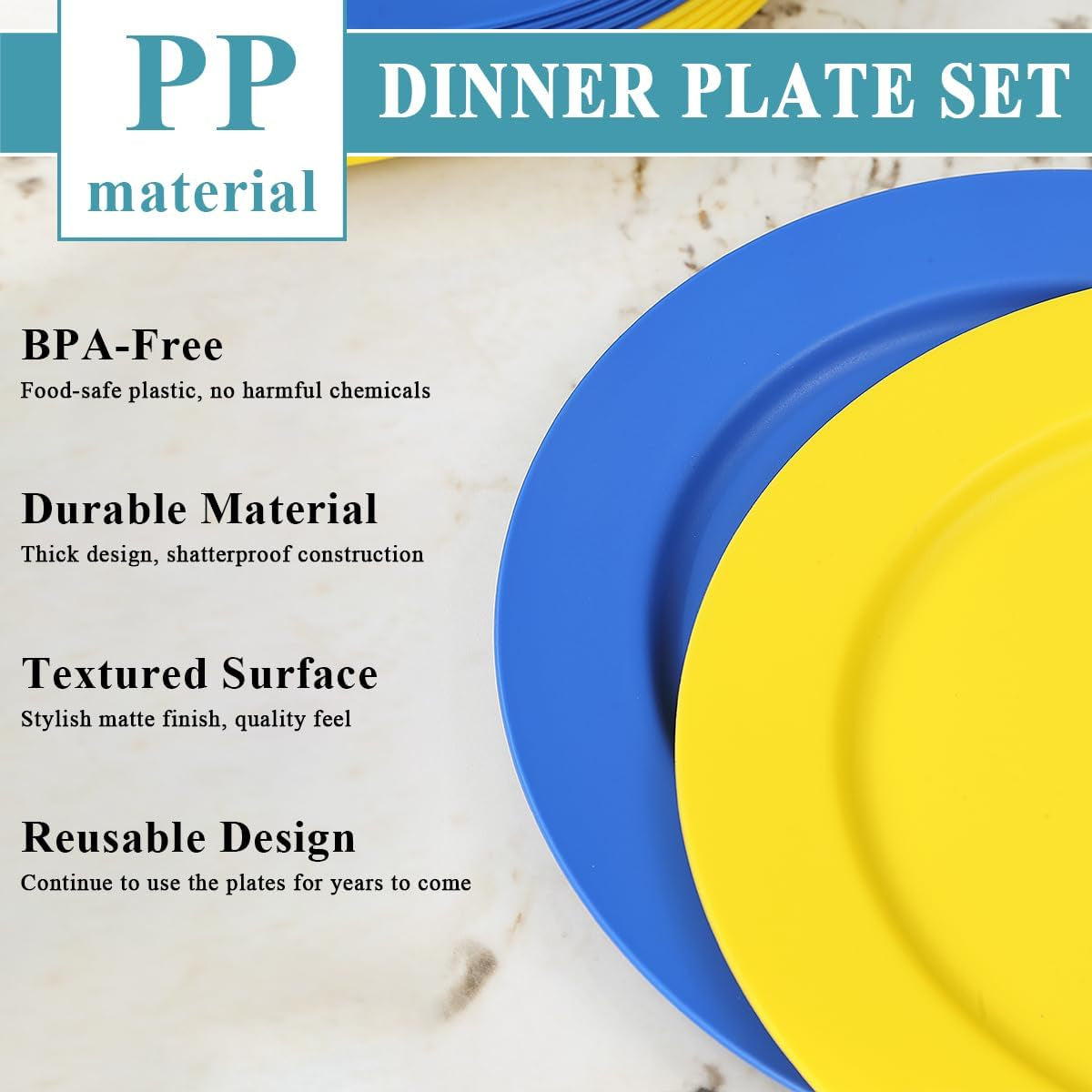 12-Piece Set of 10" Reusable and Unbreakable Plastic Dinner Plates, Salad Plates, and Pasta Bowls - Ideal for Home, Garden, Picnics, and Camping
